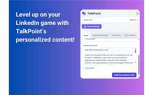TalkPoint Your LinkedIn Outreach Copilot from Chrome web store to be run with OffiDocs Chromium online TalkPoint Your LinkedIn Outreach Copilot from Chrome web store to be run with OffiDocs Chromium online