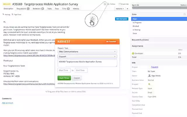 TargetProcess 3 Harvest Time Tracking  from Chrome web store to be run with OffiDocs Chromium online