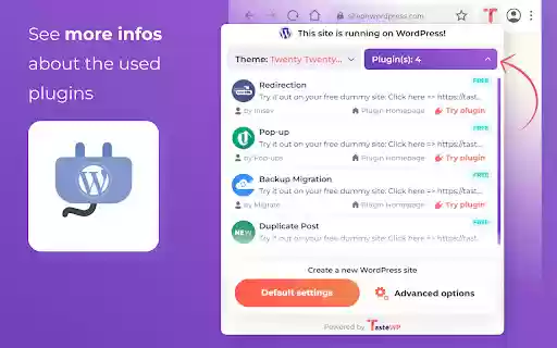 TasteWP: Free WordPress Instances  from Chrome web store to be run with OffiDocs Chromium online