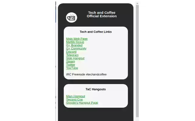 Tech and Coffee Official Extension from Chrome web store to be run with OffiDocs Chromium online Tech and Coffee Official Extension from Chrome web store to be run with OffiDocs Chromium online