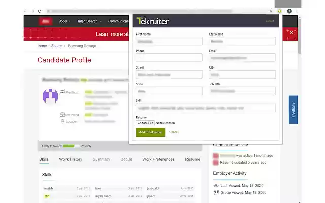 Tekruiter Contacts Jobs Extension from Chrome web store to be run with OffiDocs Chromium online Tekruiter Contacts Jobs Extension from Chrome web store to be run with OffiDocs Chromium online