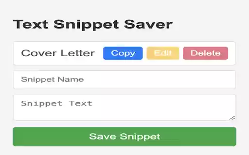 Text Snippet Saver from Chrome web store to be run with OffiDocs Chromium online Text Snippet Saver from Chrome web store to be run with OffiDocs Chromium online
