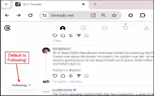 Threads Default to Following Feed  from Chrome web store to be run with OffiDocs Chromium online