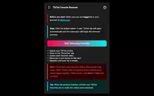 TikTok All Favorite Videos Remover from Chrome web store to be run with OffiDocs Chromium online TikTok All Favorite Videos Remover from Chrome web store to be run with OffiDocs Chromium online