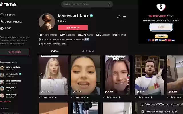 Tiktok user videos sort  from Chrome web store to be run with OffiDocs Chromium online