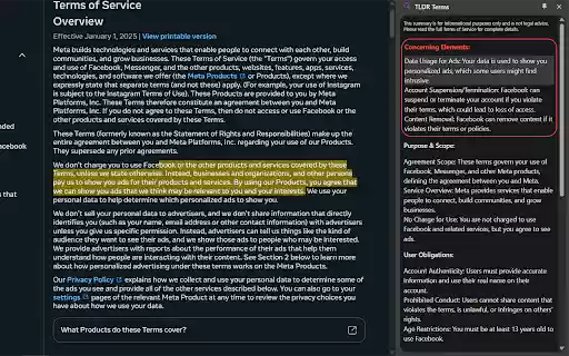 TLDR Terms  from Chrome web store to be run with OffiDocs Chromium online