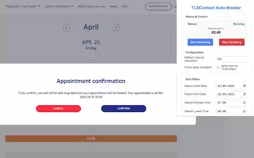 TLSContact Appointment Booker for Schengen Visa  from Chrome web store to be run with OffiDocs Chromium online