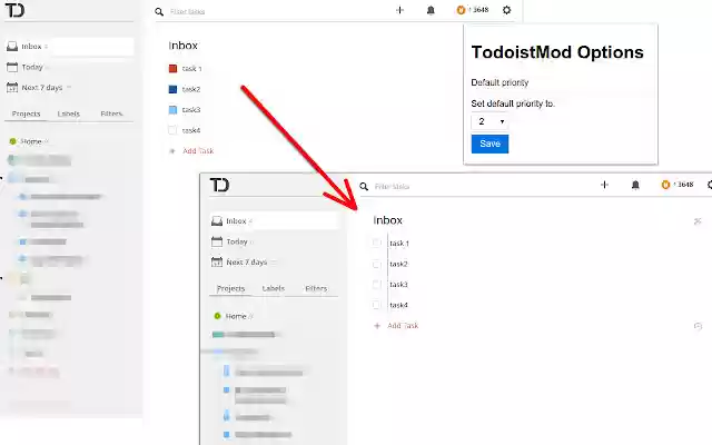 Todoist Mod  from Chrome web store to be run with OffiDocs Chromium online