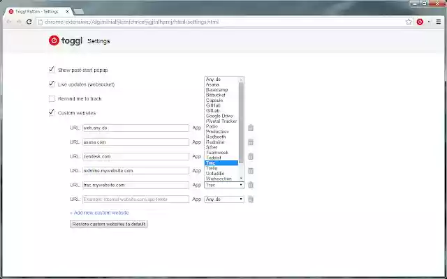 Toggl Button for Custom Websites  from Chrome web store to be run with OffiDocs Chromium online