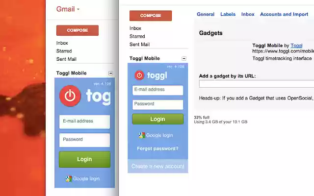Toggl Timer Skin for Gmail  from Chrome web store to be run with OffiDocs Chromium online