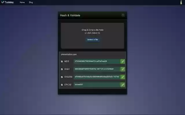 Toolsley Hash Validate from Chrome web store to be run with OffiDocs Chromium online Toolsley Hash Validate from Chrome web store to be run with OffiDocs Chromium online