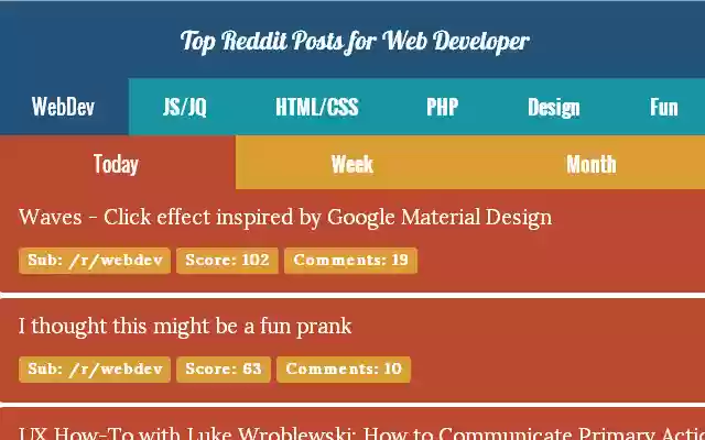 Top Reddit Posts for Web Developer  from Chrome web store to be run with OffiDocs Chromium online