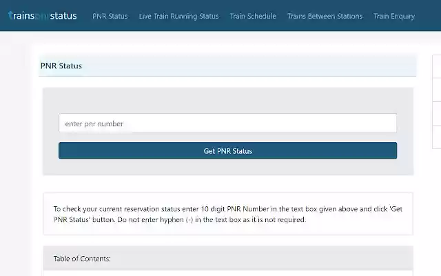 TrainsPNRstatus from Chrome web store to be run with OffiDocs Chromium online TrainsPNRstatus from Chrome web store to be run with OffiDocs Chromium online