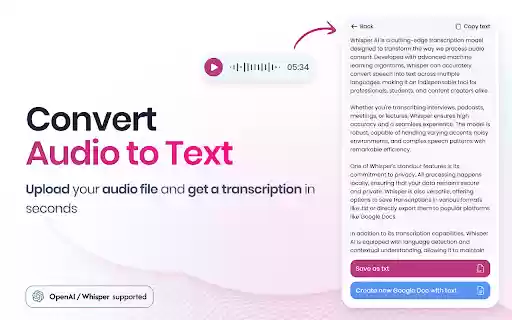 Transcribe Audio to Text  from Chrome web store to be run with OffiDocs Chromium online