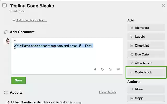 Trello Code Button from Chrome web store to be run with OffiDocs Chromium online Trello Code Button from Chrome web store to be run with OffiDocs Chromium online