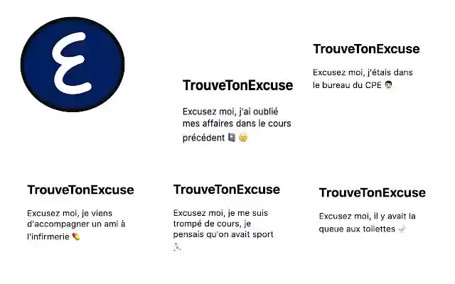 Trouve Ton Excuse from Chrome web store to be run with OffiDocs Chromium online Trouve Ton Excuse from Chrome web store to be run with OffiDocs Chromium online