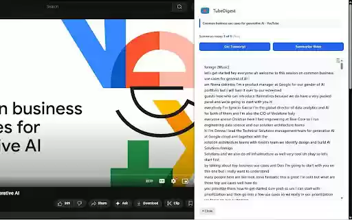 TubeDigest YouTube Transcript  Summary Helper  from Chrome web store to be run with OffiDocs Chromium online