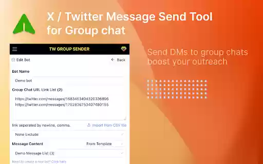 TwGroupDM Twitter GroupChat Mass Sender from Chrome web store to be run with OffiDocs Chromium online TwGroupDM Twitter GroupChat Mass Sender from Chrome web store to be run with OffiDocs Chromium online