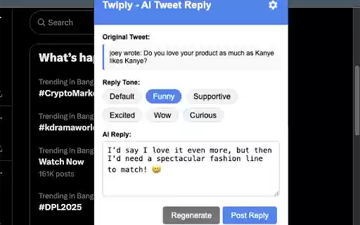 Twiply AI Tweet Reply using Gemini/OpenAI API key  from Chrome web store to be run with OffiDocs Chromium online