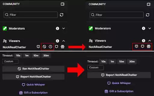 Twitch Addon: Remove chat log ban buttons  from Chrome web store to be run with OffiDocs Chromium online
