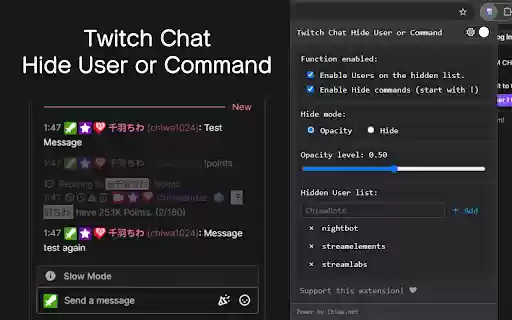 Twitch Chat Hide User or Command  from Chrome web store to be run with OffiDocs Chromium online