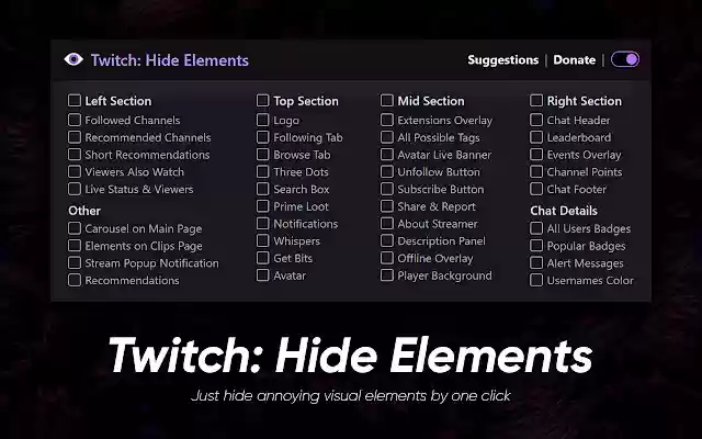 Twitch: Hide Elements  from Chrome web store to be run with OffiDocs Chromium online