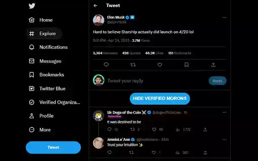 Twitter Blue Banisher  from Chrome web store to be run with OffiDocs Chromium online