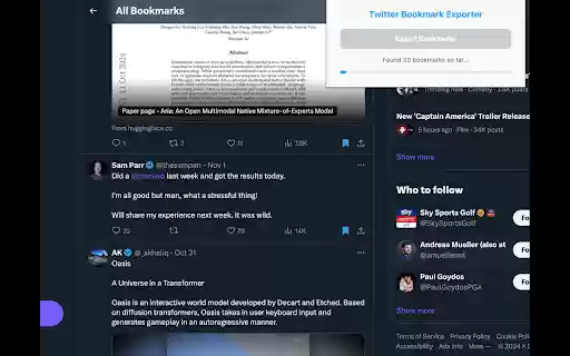 Twitter Bookmark Exporter from Chrome web store to be run with OffiDocs Chromium online Twitter Bookmark Exporter from Chrome web store to be run with OffiDocs Chromium online