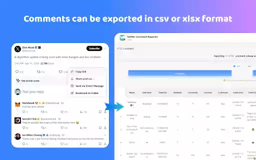 Twitter Comment Exporter Export Twitter/X comments into CSV or Excel  from Chrome web store to be run with OffiDocs Chromium online