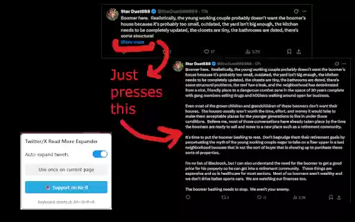 Twitter/X Read More Expander  from Chrome web store to be run with OffiDocs Chromium online