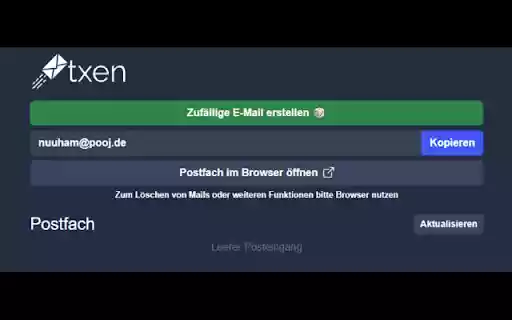 txen.de Schnelle Trashmail erstellen from Chrome web store to be run with OffiDocs Chromium online txen.de Schnelle Trashmail erstellen from Chrome web store to be run with OffiDocs Chromium online