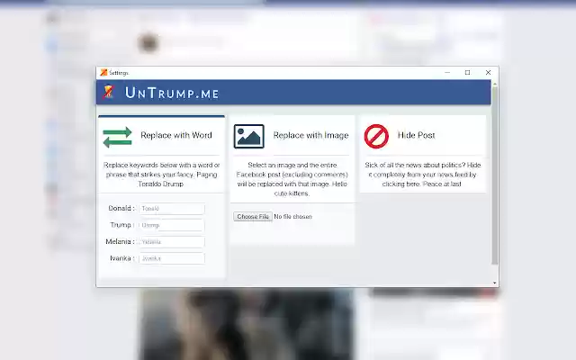 UnTrump.me from Chrome web store to be run with OffiDocs Chromium online UnTrump.me from Chrome web store to be run with OffiDocs Chromium online