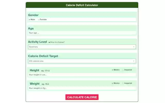Upfit Calorie Deficit Calculator from Chrome web store to be run with OffiDocs Chromium online Upfit Calorie Deficit Calculator from Chrome web store to be run with OffiDocs Chromium online