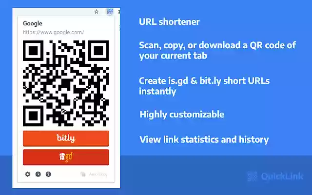 URL Shortener QR Code Generator QuickLink da Chrome Web Store para ser executado com OffiDocs Chromium online