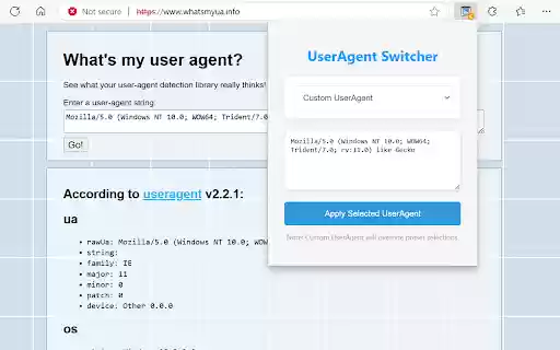 UserAgent Switcher and Simulator  from Chrome web store to be run with OffiDocs Chromium online