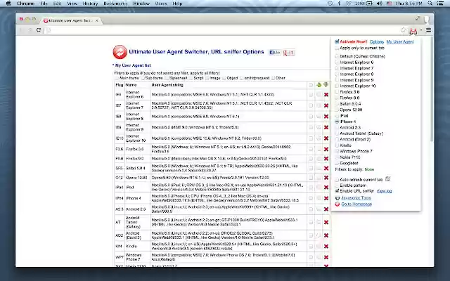 User Agent Switcher, URL sniffer  from Chrome web store to be run with OffiDocs Chromium online