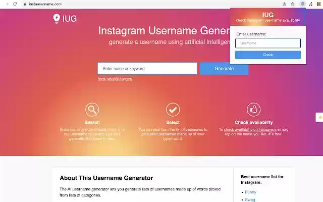 Username checker for Instagram  from Chrome web store to be run with OffiDocs Chromium online