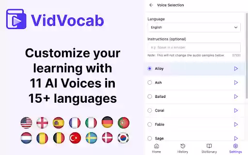 VidVocab Turn YouTube Videos Into Interactive Language Lessons  from Chrome web store to be run with OffiDocs Chromium online