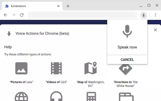 Voice Actions for Chrome (beta)  from Chrome web store to be run with OffiDocs Chromium online