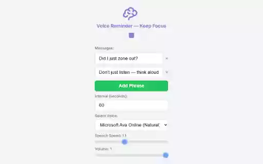 Voice Reminder — Keep Focus from Chrome web store to be run with OffiDocs Chromium online Voice Reminder — Keep Focus from Chrome web store to be run with OffiDocs Chromium online