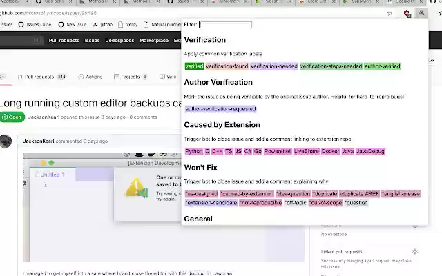 VS Code Triage  from Chrome web store to be run with OffiDocs Chromium online