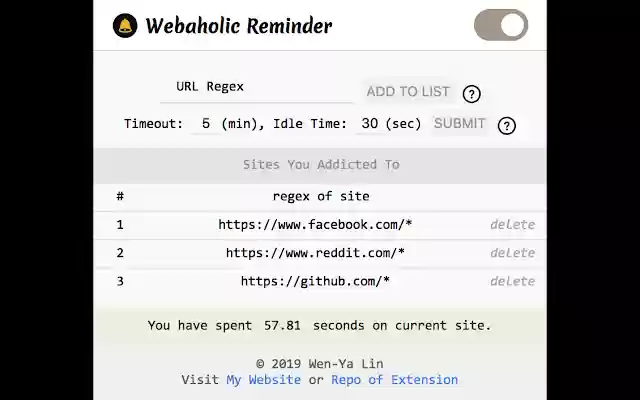 Webaholic Reminder  from Chrome web store to be run with OffiDocs Chromium online