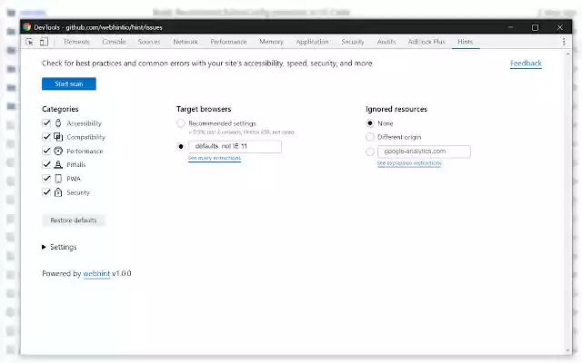 webhint  from Chrome web store to be run with OffiDocs Chromium online