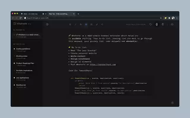 Whatnote New tab, new note  from Chrome web store to be run with OffiDocs Chromium online