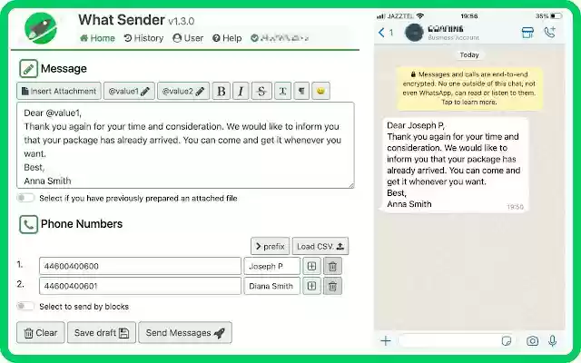 WhatSender  from Chrome web store to be run with OffiDocs Chromium online