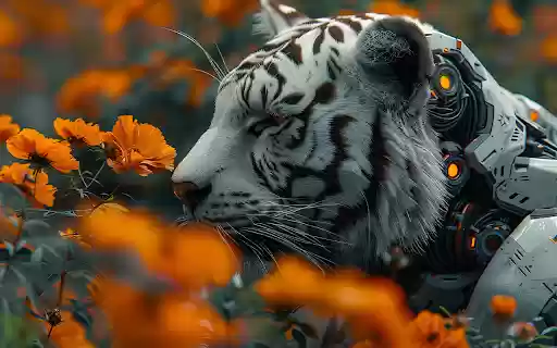 white tiger half machine on yellow flower field  from Chrome web store to be run with OffiDocs Chromium online