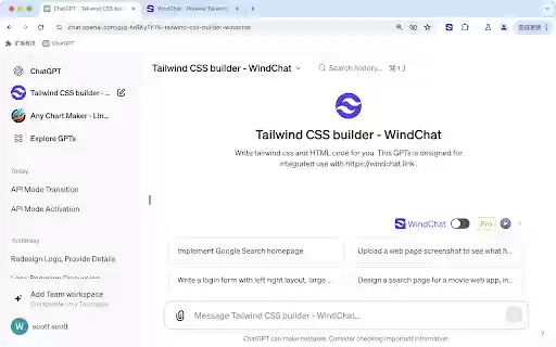 WindChat ChatGPT Tailwind CSS React Previewer  from Chrome web store to be run with OffiDocs Chromium online