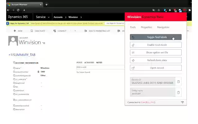 Winvision Dynamics 365 CRM Tools từ cửa hàng Chrome trực tuyến sẽ được chạy với OffiDocs Chrome trực tuyến