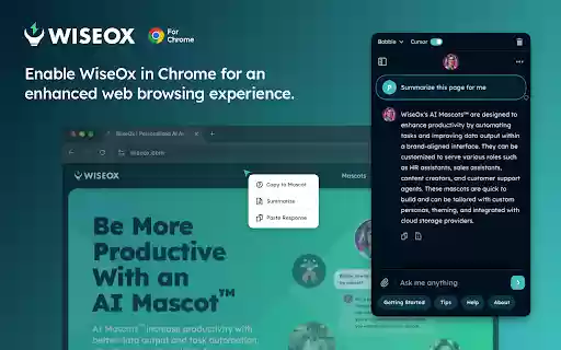 WiseOx for Chrome: Use AI Mascots™ to level up your web browsing experience  from Chrome web store to be run with OffiDocs Chromium online