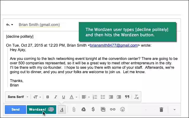 Chrome വെബ് സ്റ്റോറിൽ നിന്നുള്ള Gmail-നുള്ള Wordzen, OffiDocs Chromium ഓൺലൈനിൽ പ്രവർത്തിക്കും